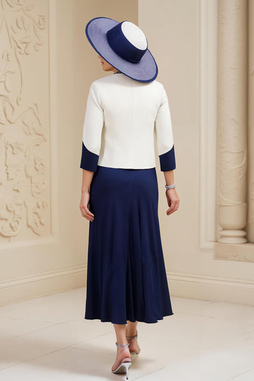 Robe 3 pièces Mère de la mariée à col bateau bleu marine trapèze avec dentelle